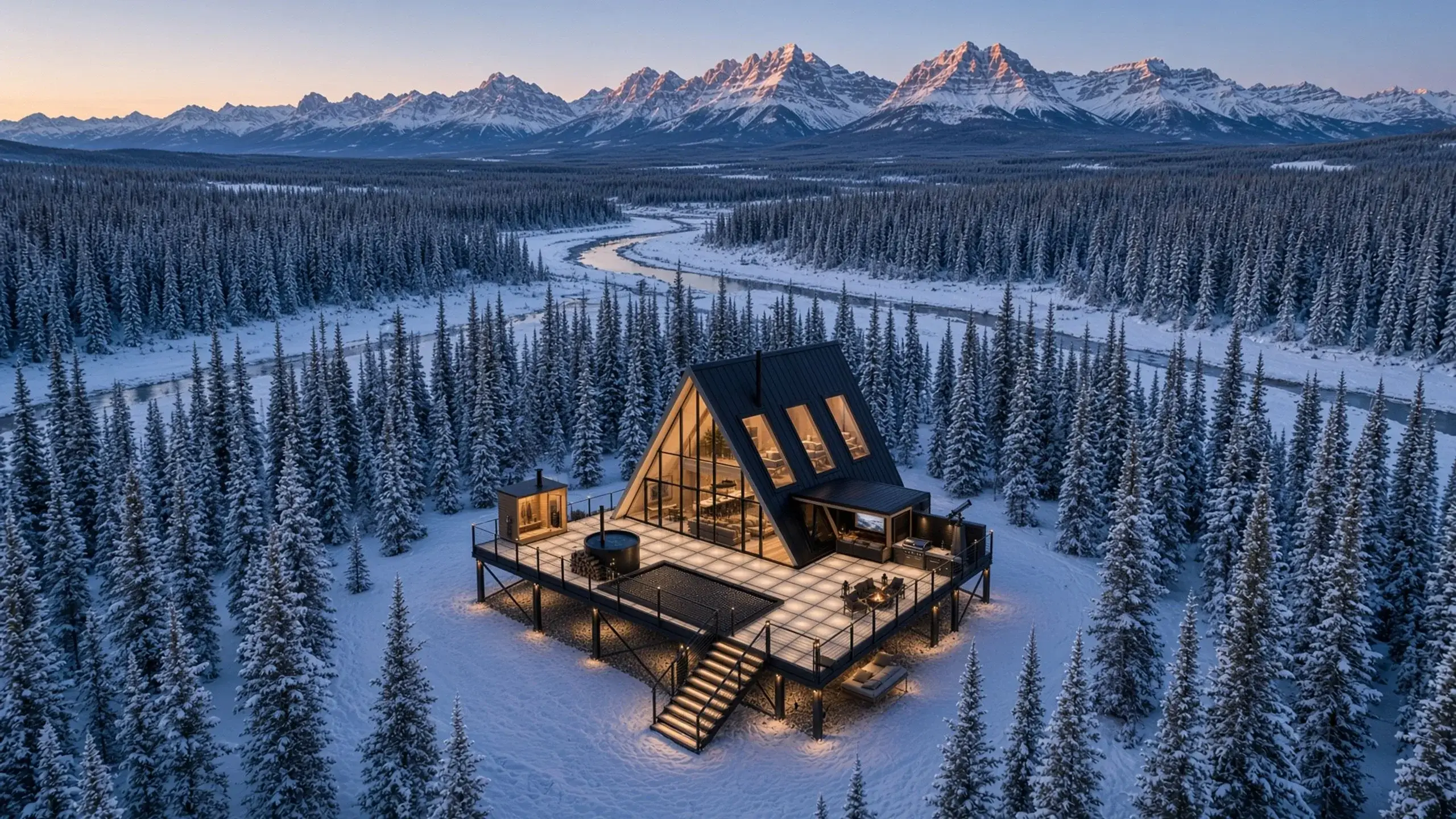 An A-frame with a lit glass deck in a snowy pine valley at blue hour, stairs rising from the snow, a river and mountains beyond.