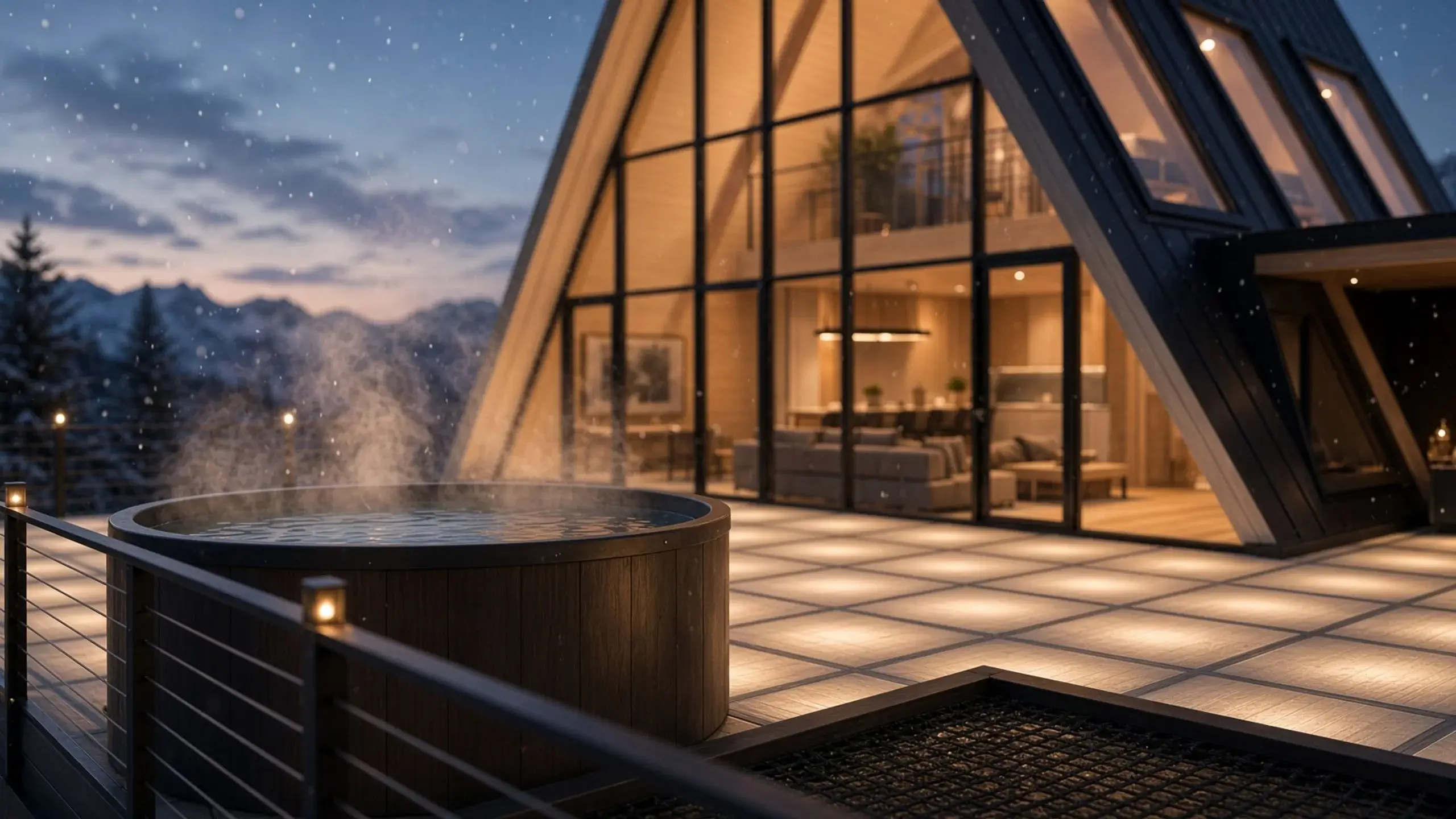 Close view of an A-frame glass deck at dusk, a steaming round wood tub, a floor lit from beneath, a cargo net in front, and snowy mountains beyond.