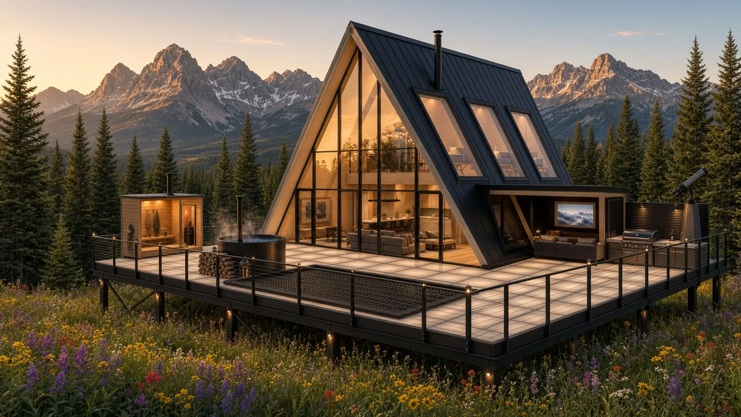 A black A-frame on a lit glass deck in a wildflower meadow at golden hour, with a sauna, a steaming tub, forest, and golden peaks.