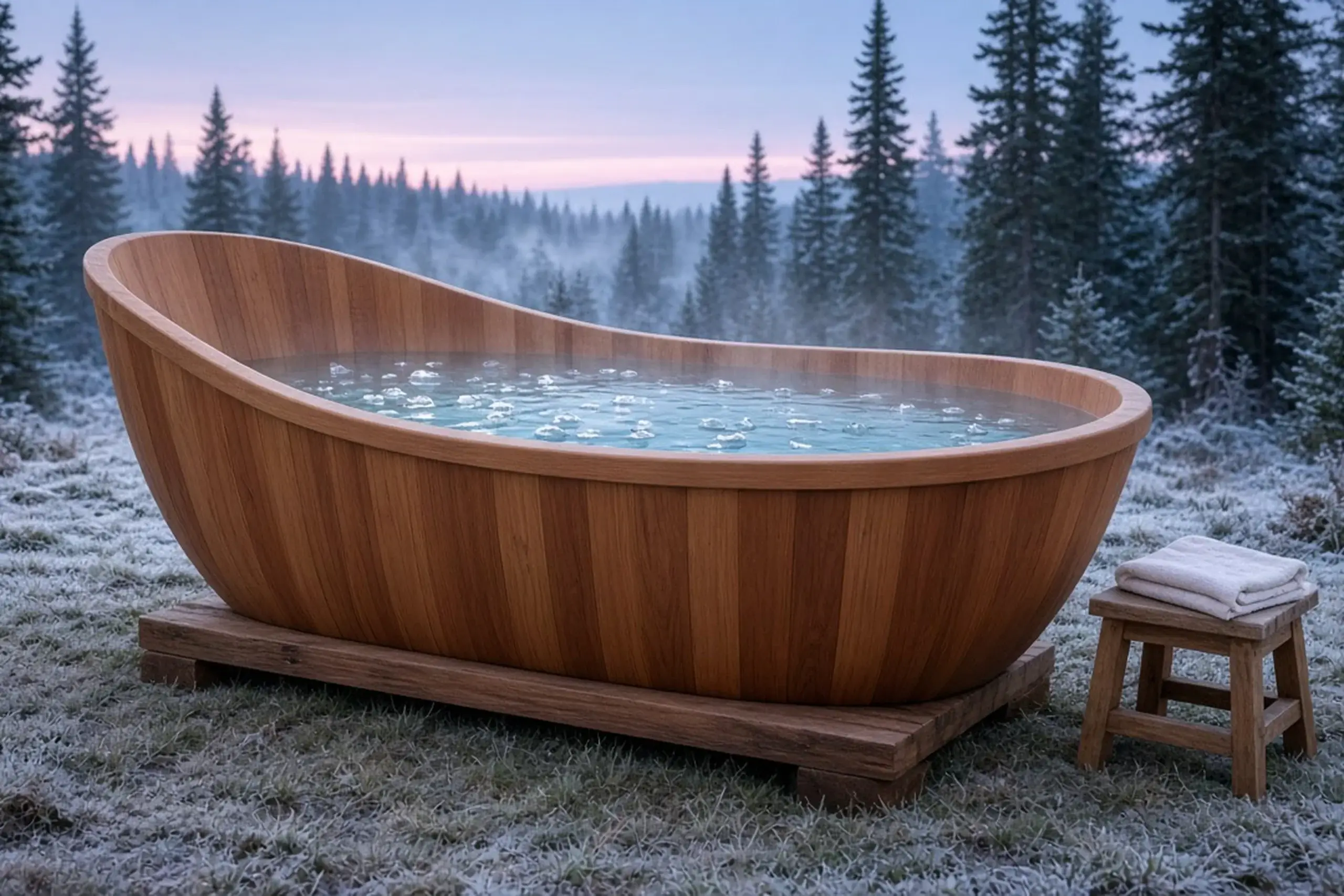 A long oval cedar cold-plunge bathtub with a sloped back on a low timber skid, ice water and a wooden stool with a towel, in a frosted forest clearing at dawn.