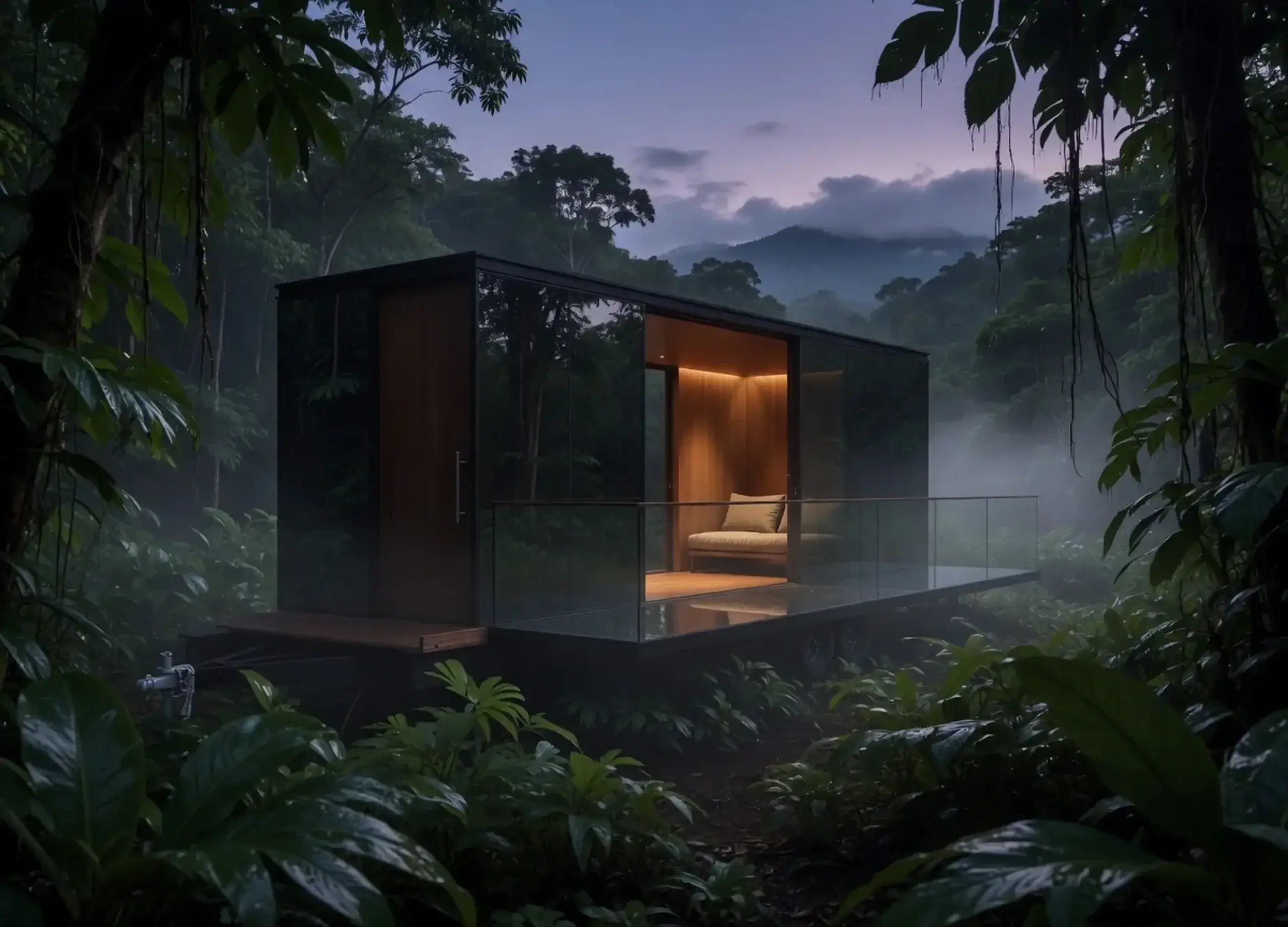 A glass room with a warm wood interior, set in a misty rainforest at dusk.