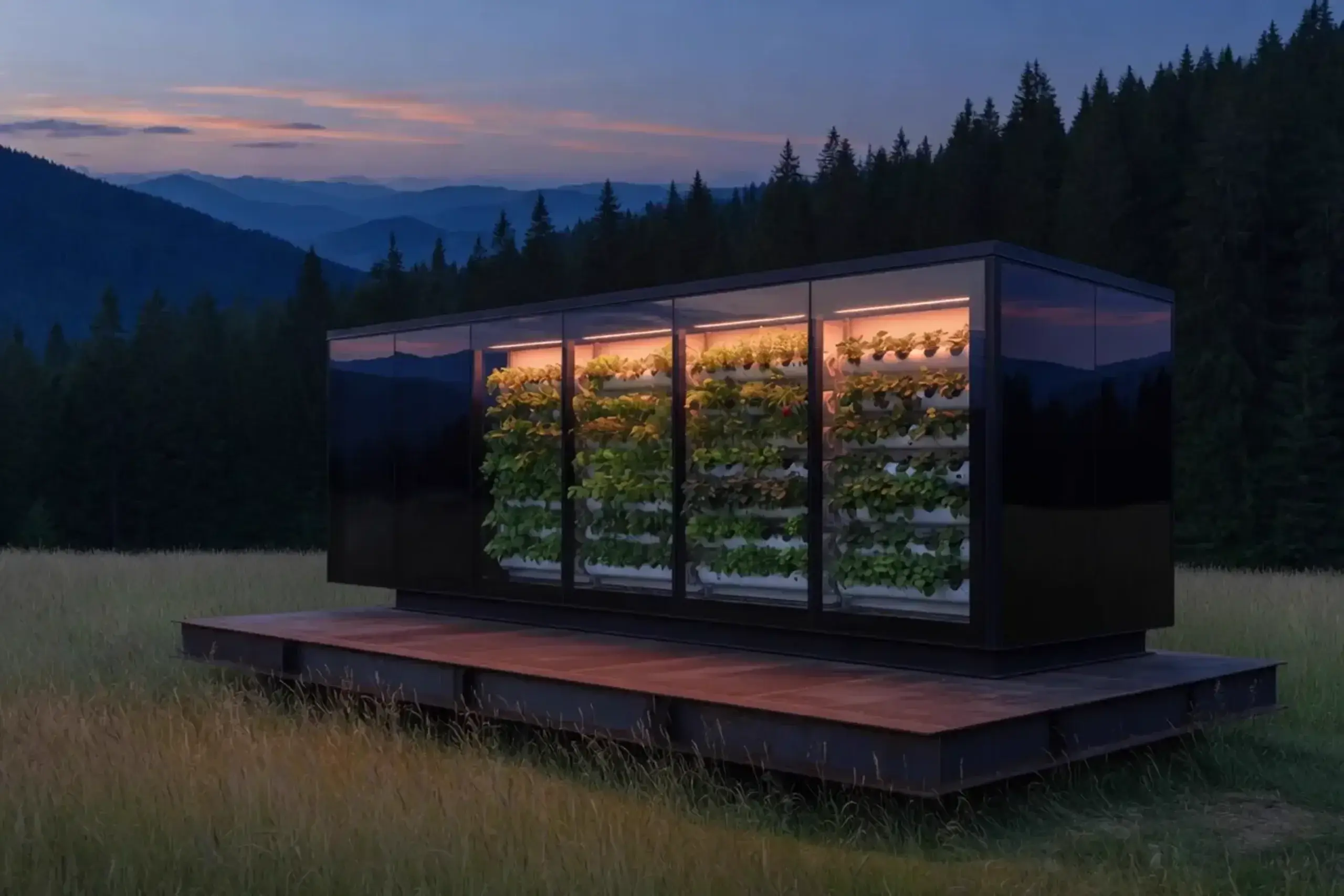 A black glass room in a dusk meadow, one wall a vertical aeroponic garden.