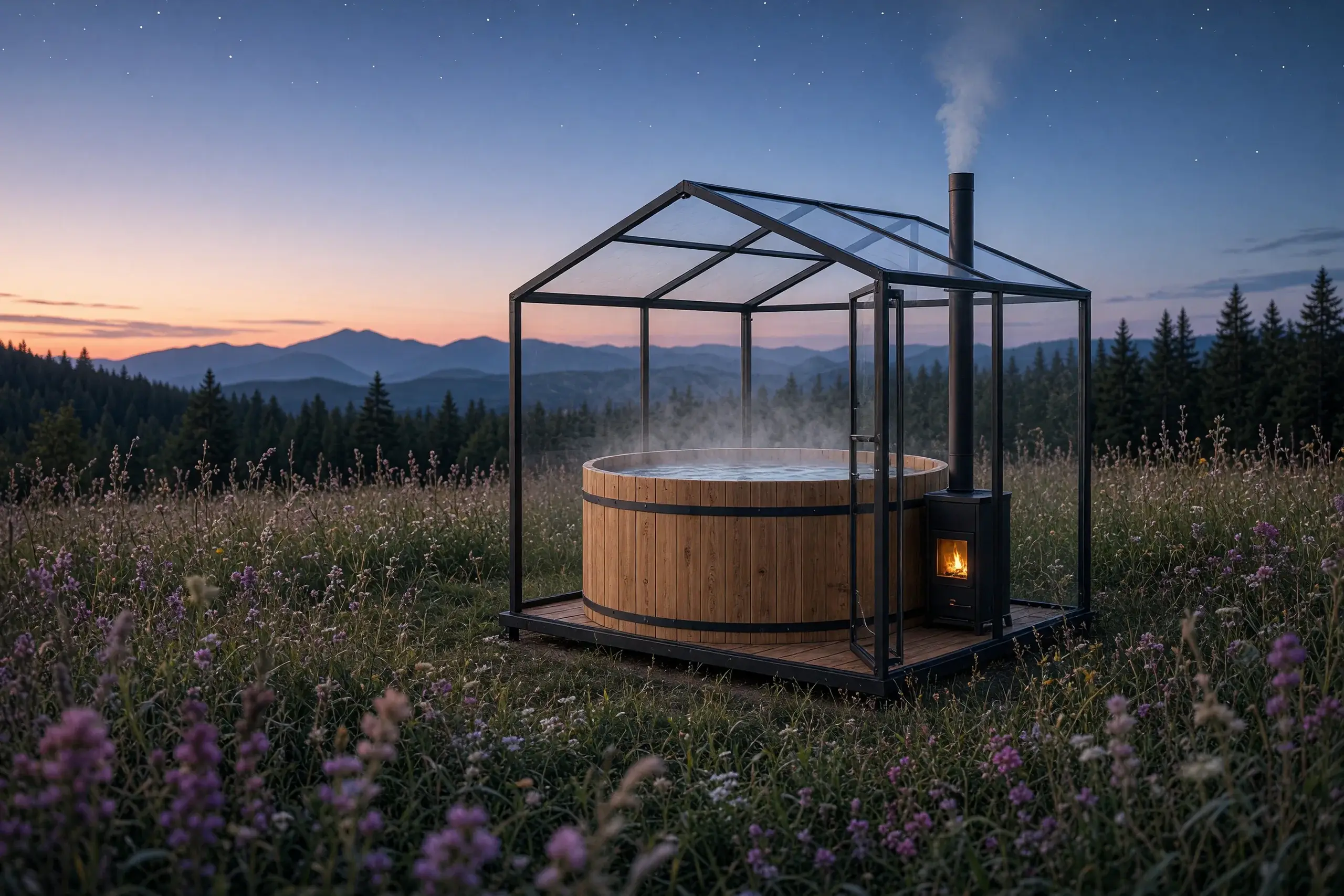 A wood-fired cedar hot tub on a steel and timber skid inside a clear polycarbonate enclosure, steam rising and the stove glowing in a wildflower meadow at dusk, stars coming out.