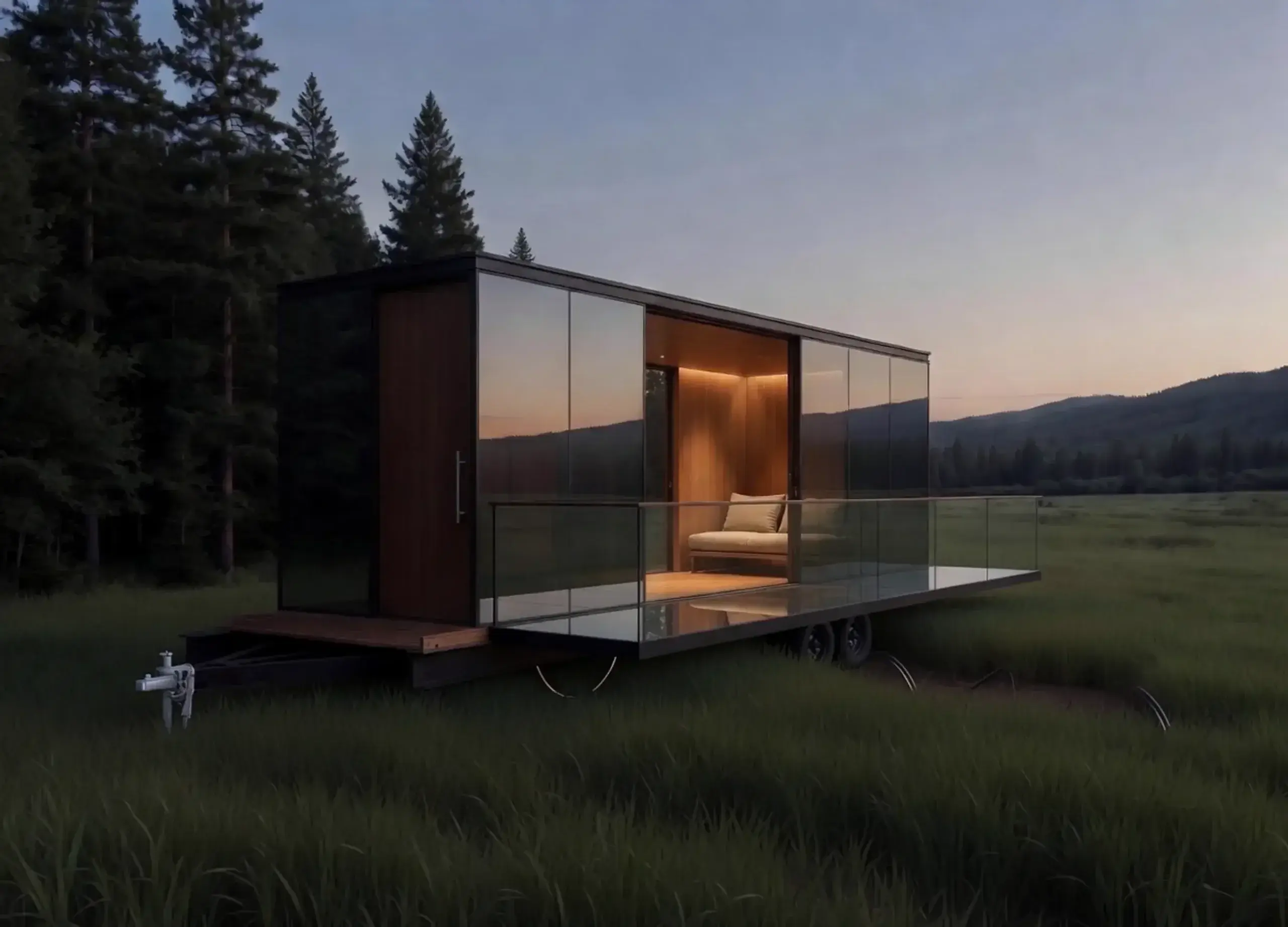 A glass room at the forest edge, one panel open, a fold-down balcony over the meadow.