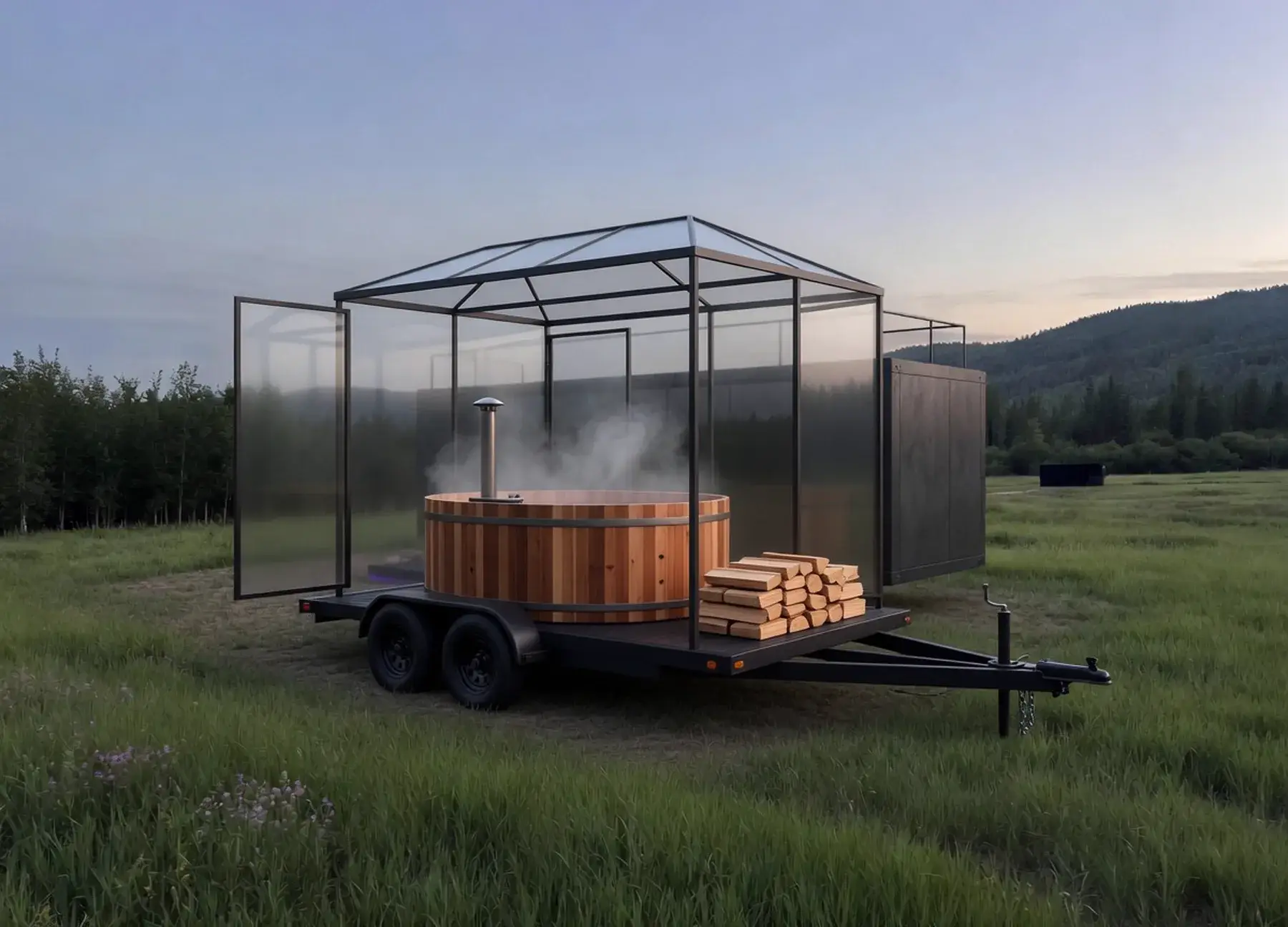 Wood-fired cedar tub on a steel chassis, inside a clear glass gazebo with two panels open.