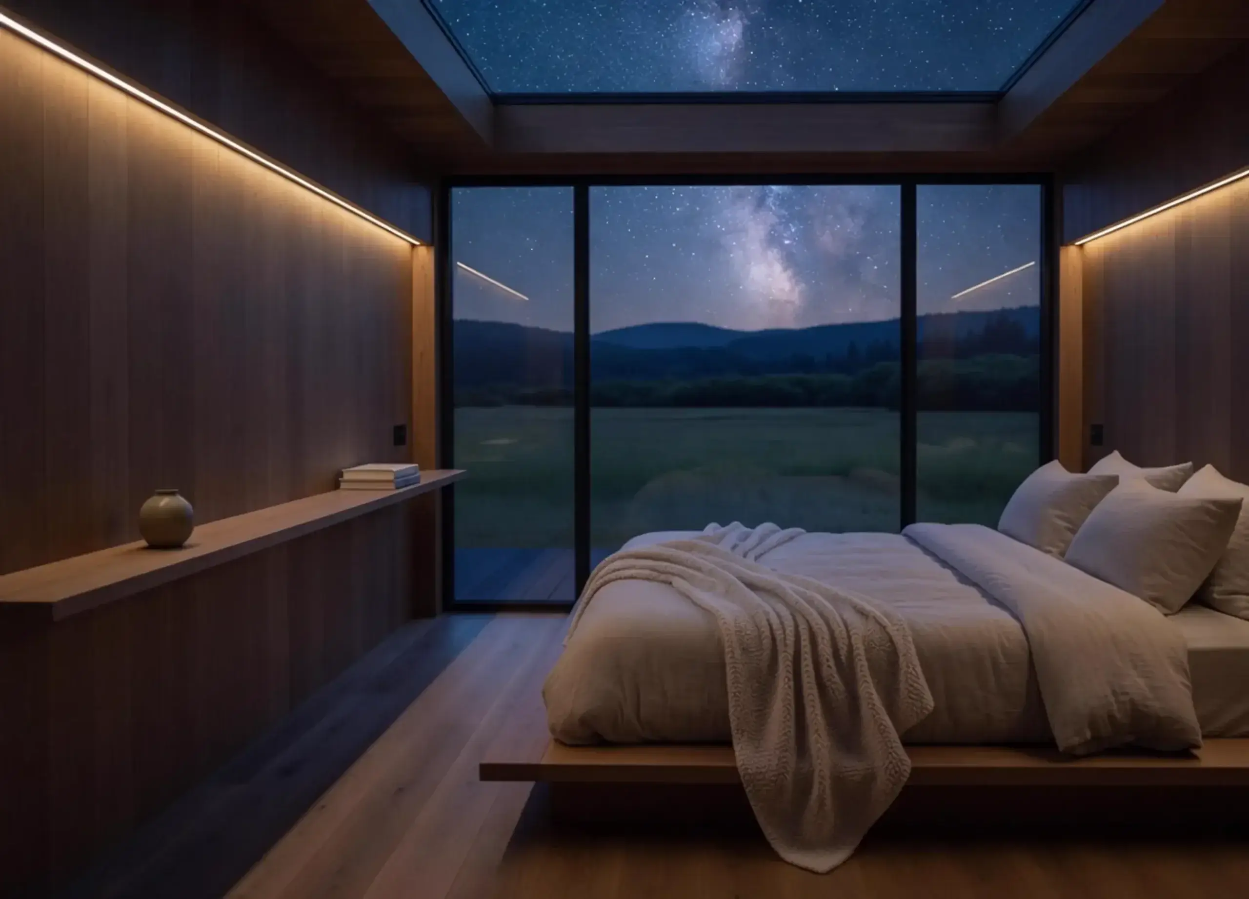 A made bed under a skylight of stars, a night meadow beyond the glass.