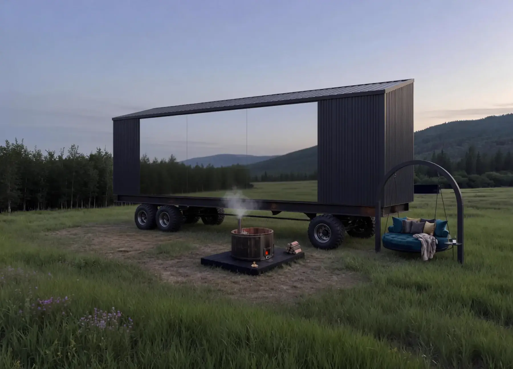 A long dark room on all-terrain wheels in a meadow, with a full-length band of mirror glass, a steaming cedar tub, and a hanging daybed.