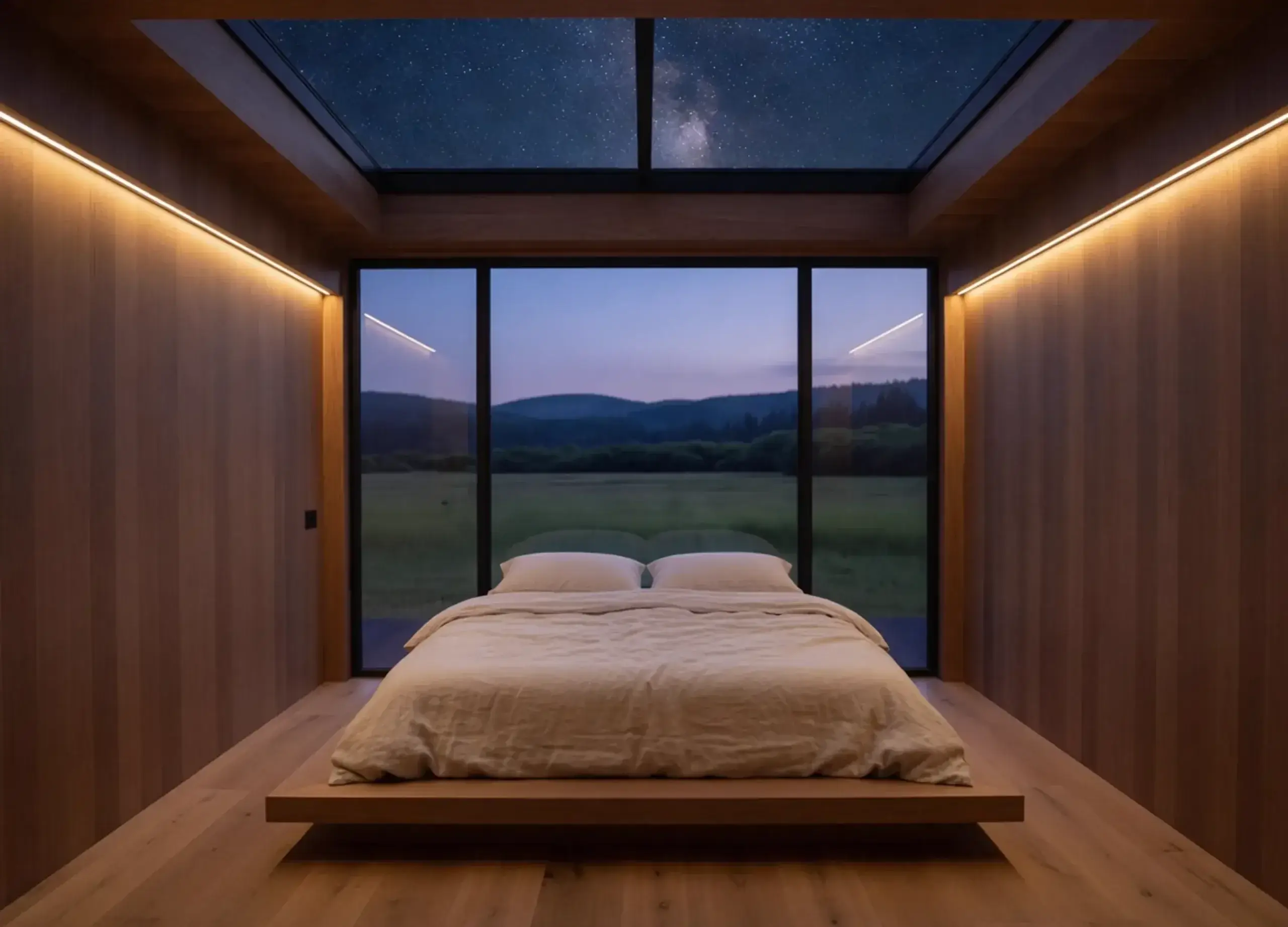An oak bedroom with a skylight open to the stars, and a meadow beyond the glass.