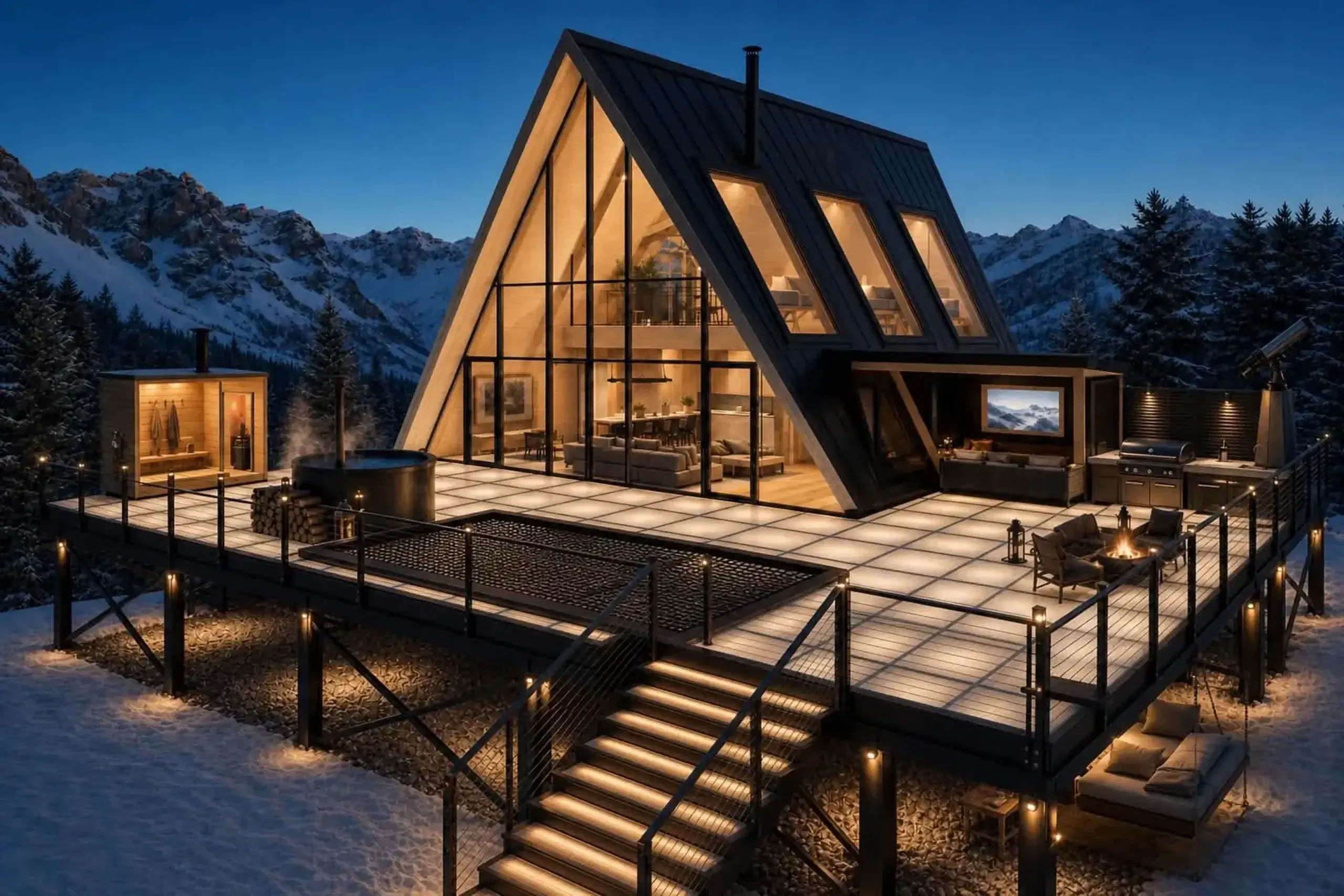 A lit deck in the snow with a cargo net for lounging, mountains behind it.