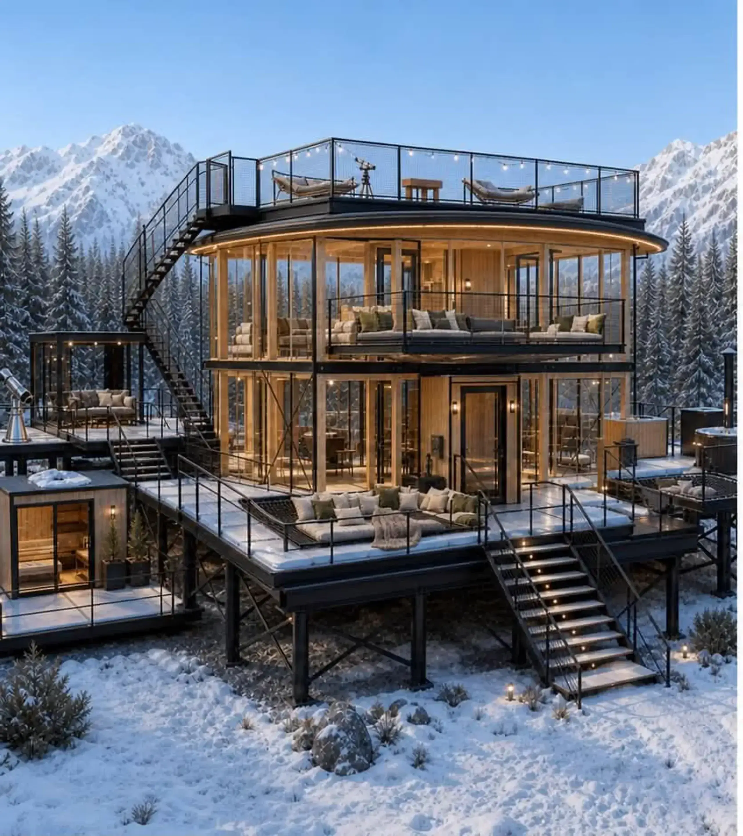 A round glass tower in the snow, with curved glass levels, an outside stair, and a lit roof deck, mountains behind the pines.