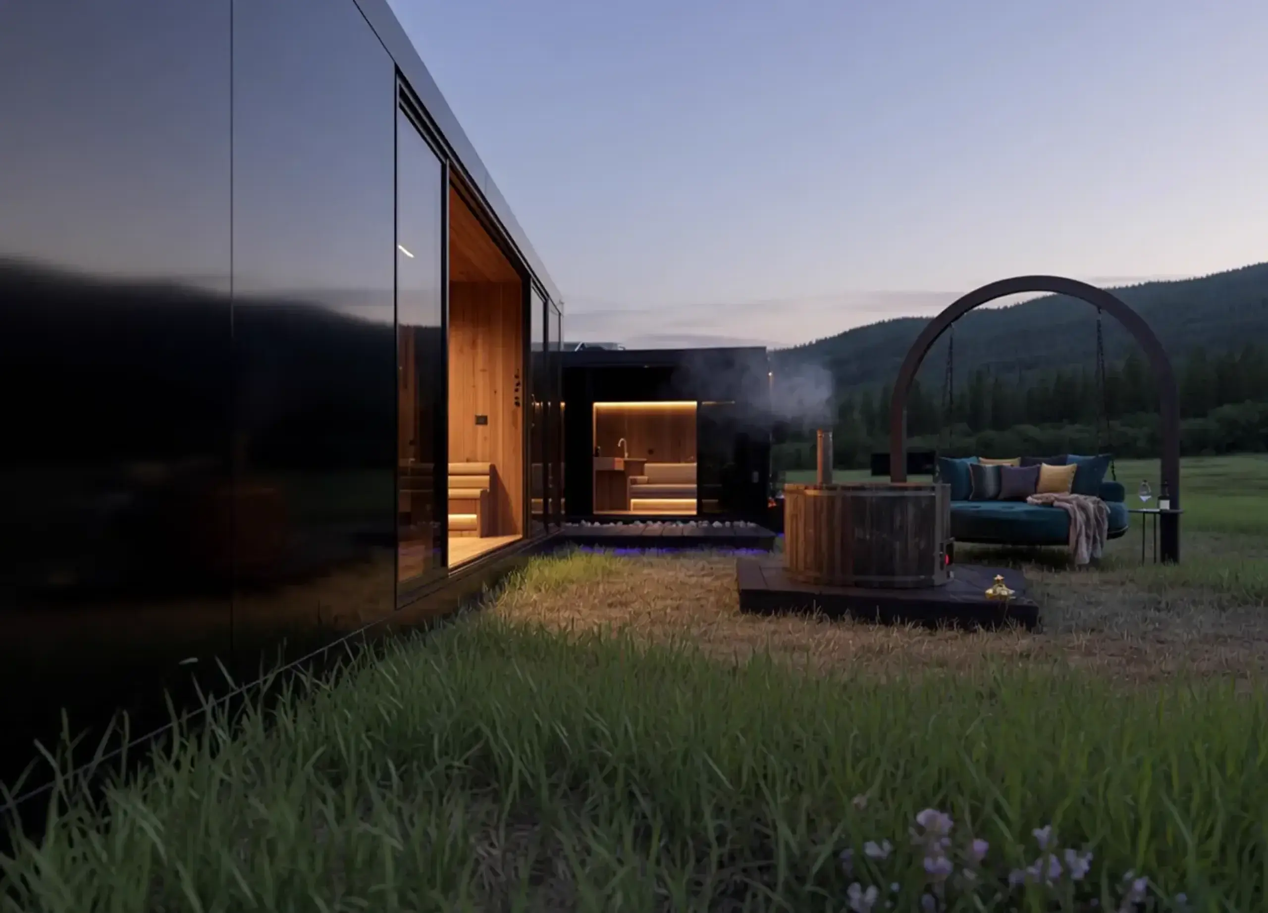 A glass room in tall grass, with pines and a pale mountain behind it.