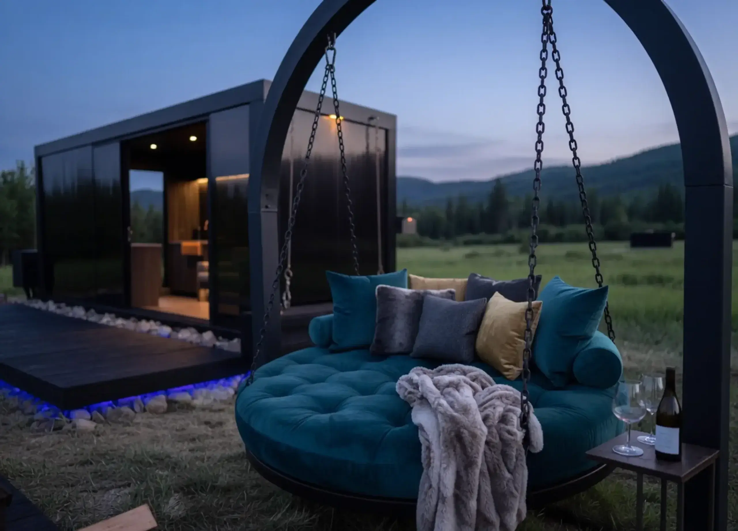 A teal velvet hanging daybed under a steel arch, the cabin behind it.