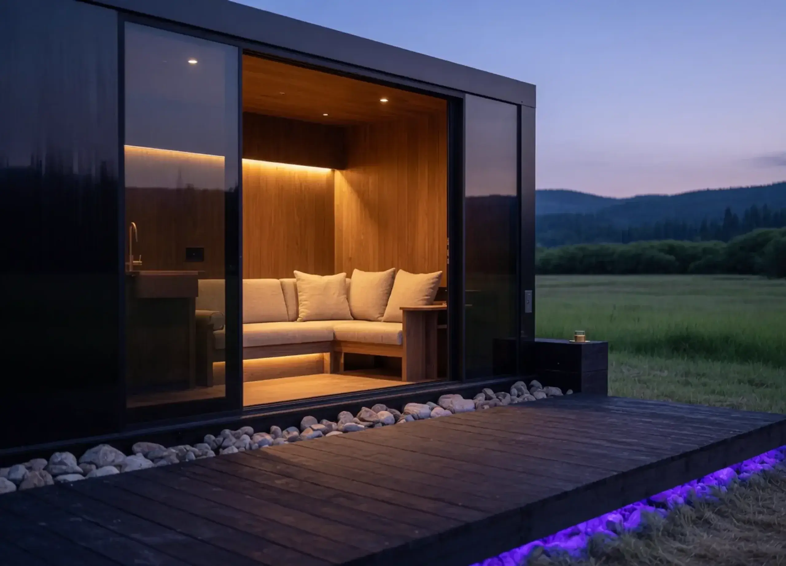 An open room of oak and linen, facing a green field at dusk.