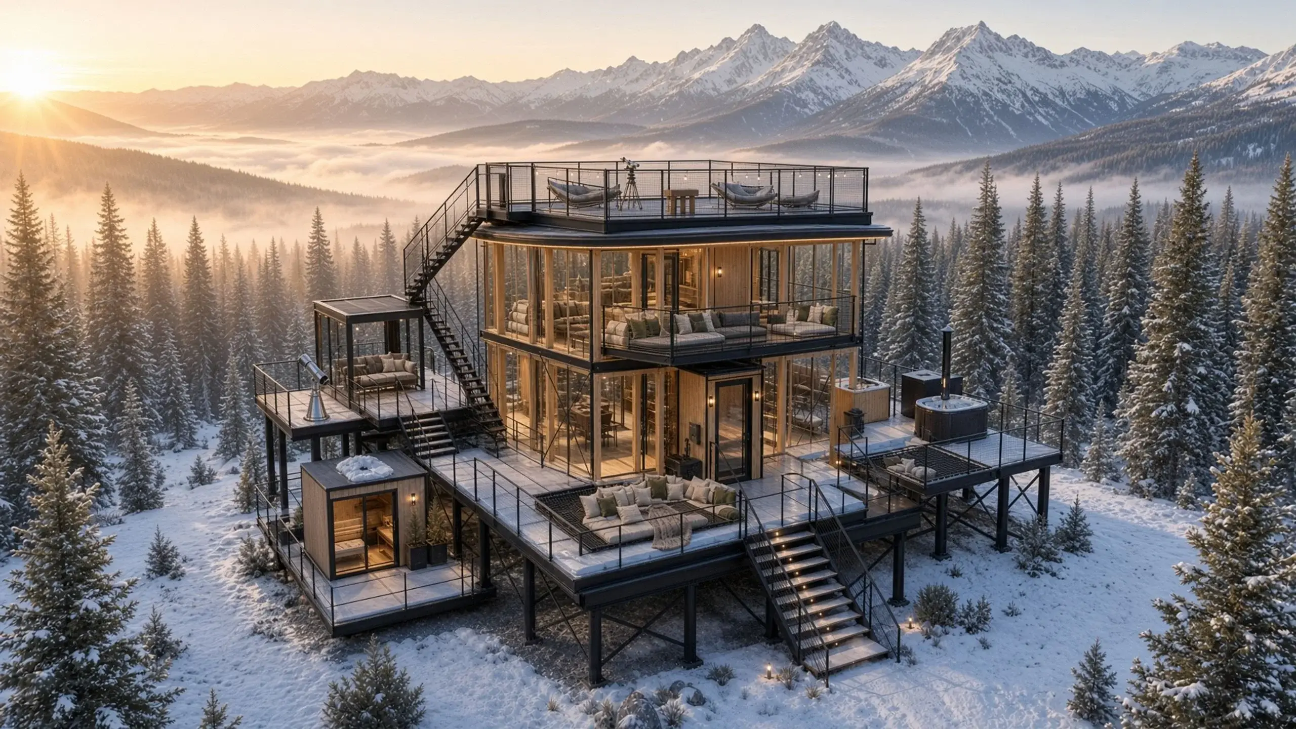Aerial view of a round glass tower above a cloud-filled valley at sunrise, with snow, pines, a spiral stair, sauna, tub, and telescope.
