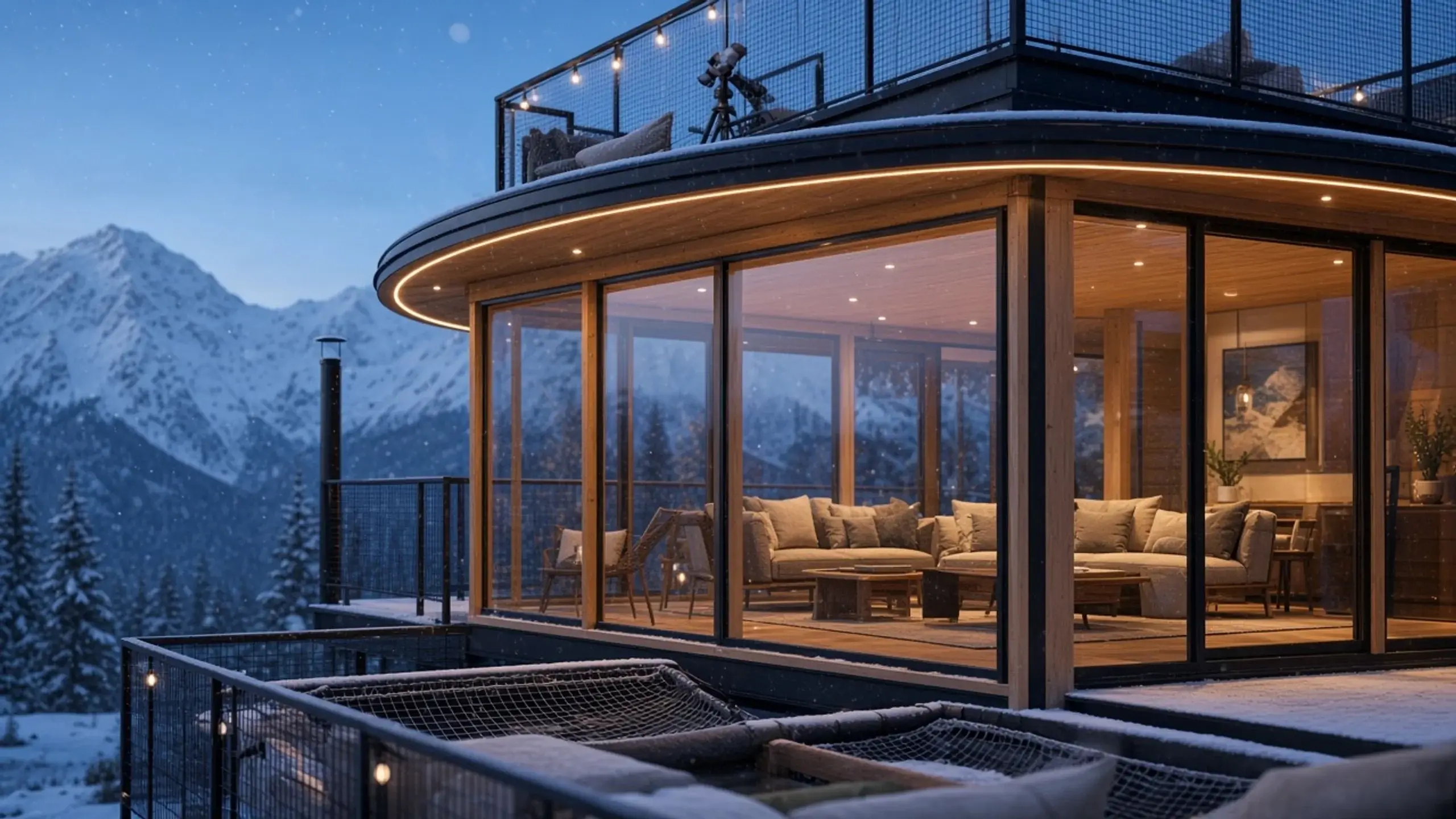 Close curved glass of a round tower at blue hour, wood sofas inside, a snowy mesh hammock, and a telescope on the roof rail, with snow mountains behind.