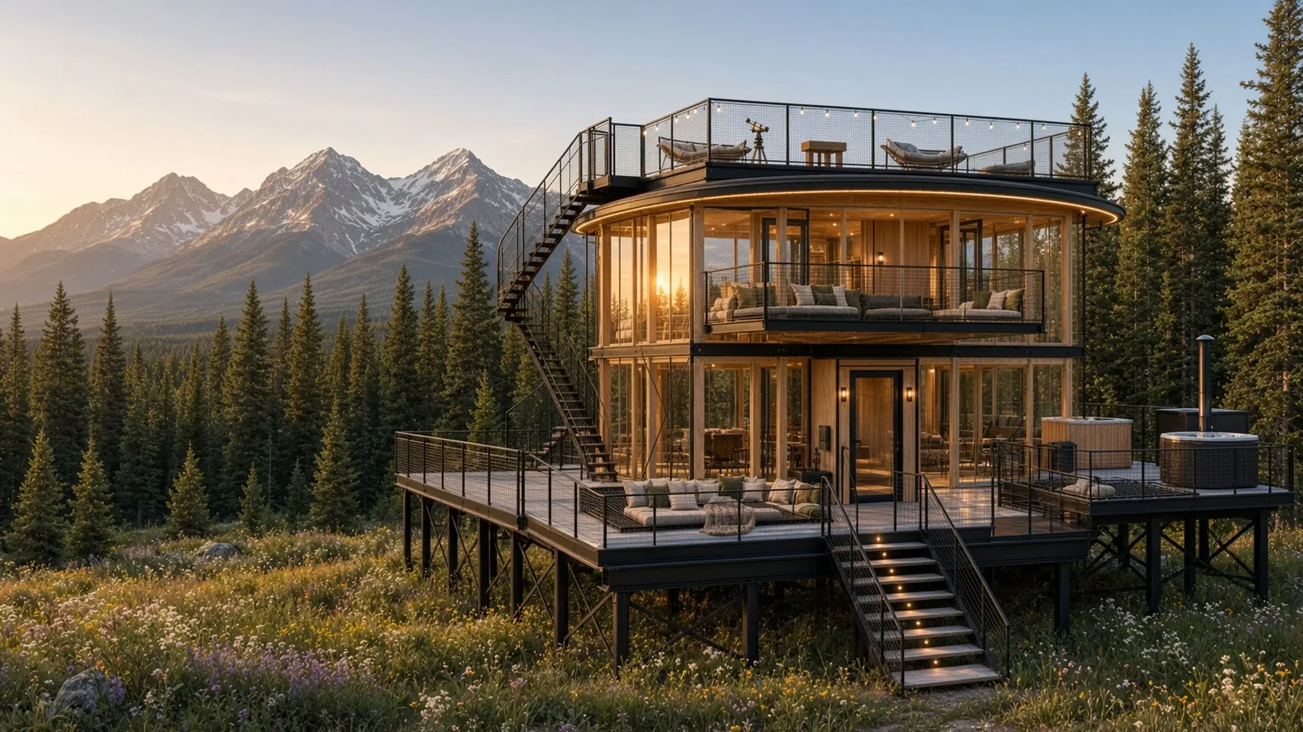 A round glass tower in a wildflower meadow at golden hour, spiral stair, tub, and telescope, with the sun in the glass and snow peaks behind the pines.