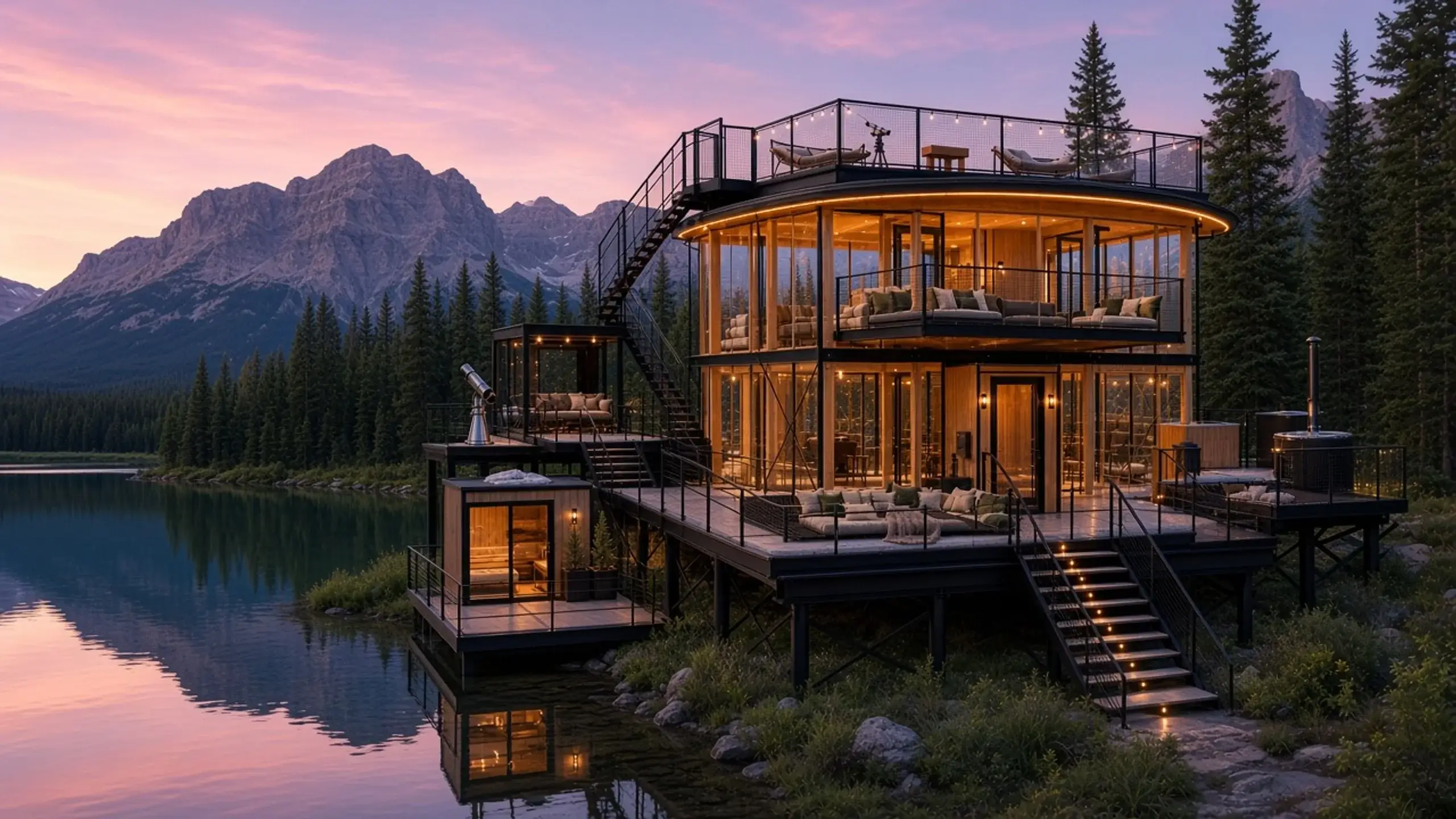 A round glass tower on a deck over a lake at pink summer dusk, with a roof deck, a stair, a sauna, and pines.