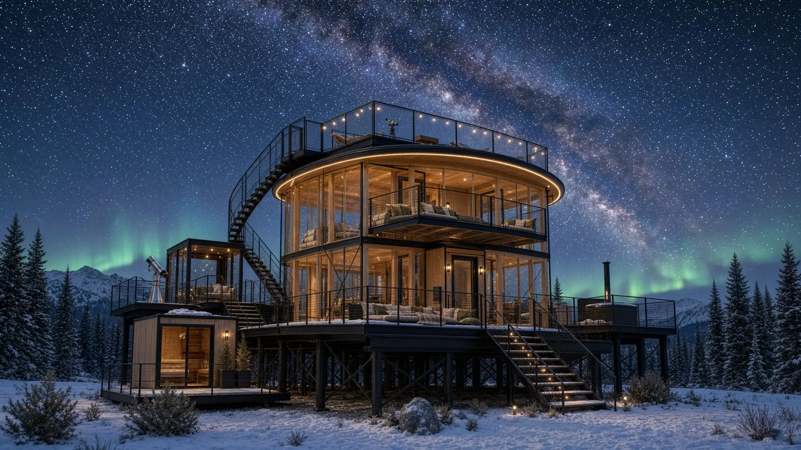 A round two-level glass tower at night, mesh rail, spiral stair, sauna, tub, and telescope, under the Milky Way and a faint aurora over snow.