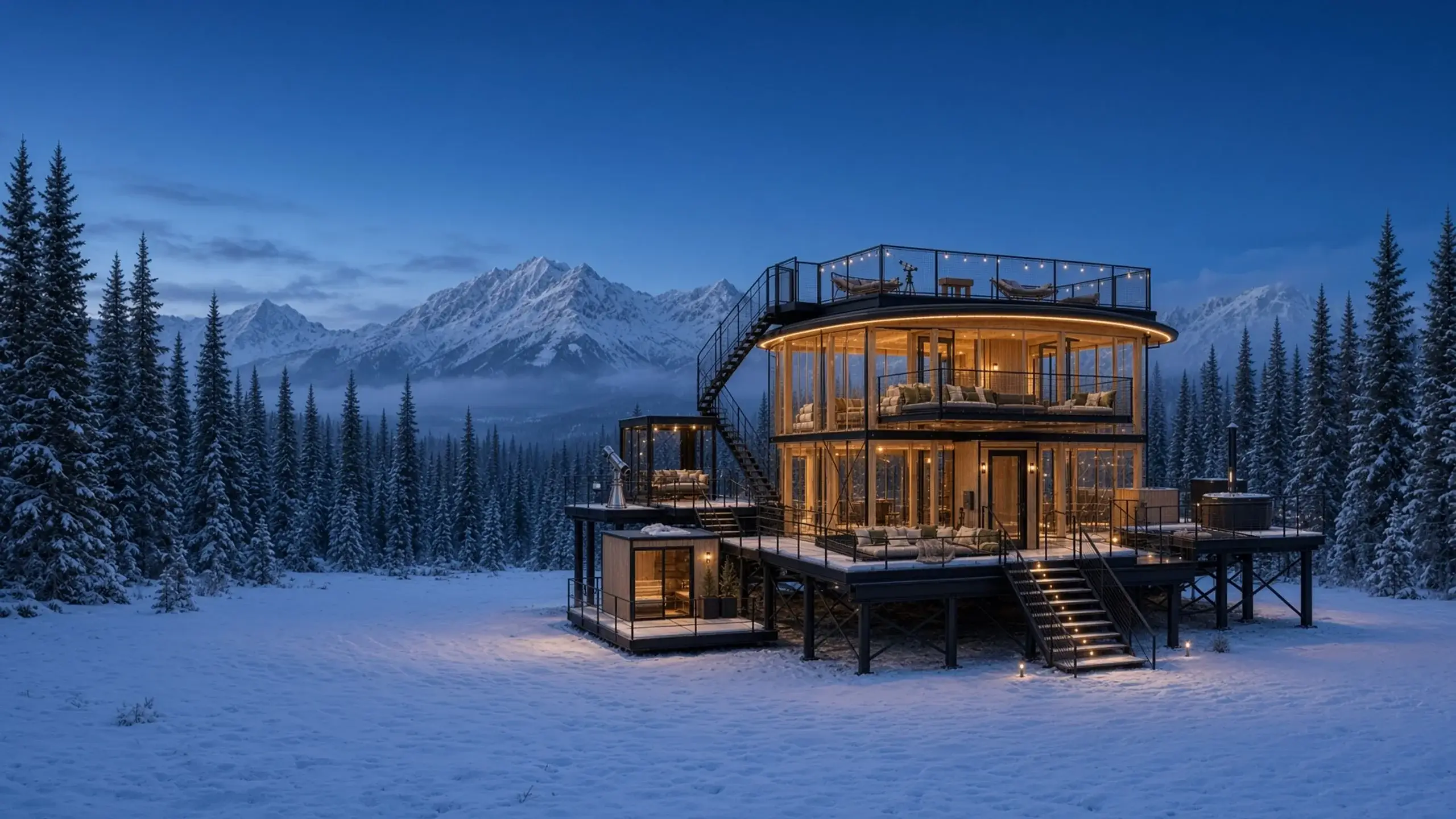 A round glass tower in a snow field at deep blue dusk, spiral stair, sauna, tub, pines, snow peaks, and a line of string lights.