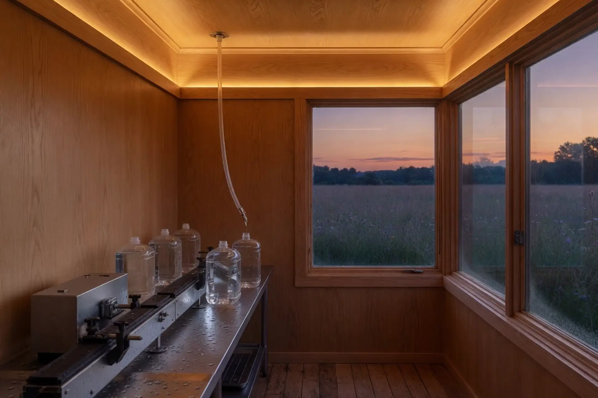 A quiet line inside an oak room, where water from the air will be held in glass.